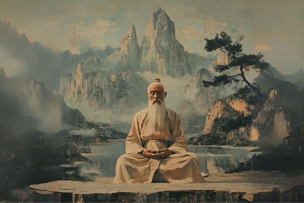 Velho monge taoista meditanto