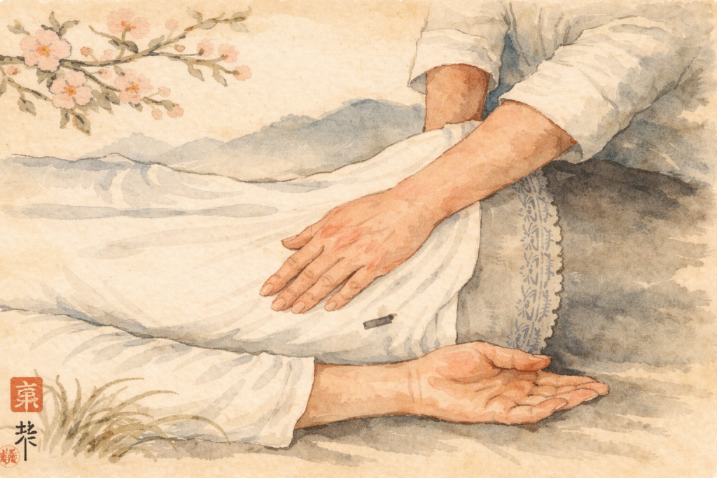 Ilustração criada por inteligência artificial inspirada em aguarela japonesa clássica representando toque terapêutico, com uma mão pousada suavemente nas costas de uma pessoa, num ambiente sereno com flores de cerejeira.