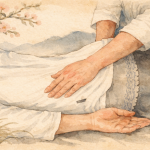 Ilustração criada por inteligência artificial inspirada em aguarela japonesa clássica representando toque terapêutico, com uma mão pousada suavemente nas costas de uma pessoa, num ambiente sereno com flores de cerejeira.