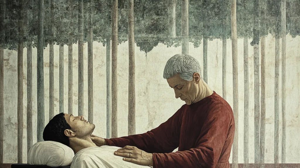 um terapeuta toca o peito do seu jovem paciente, compenetrado com presença