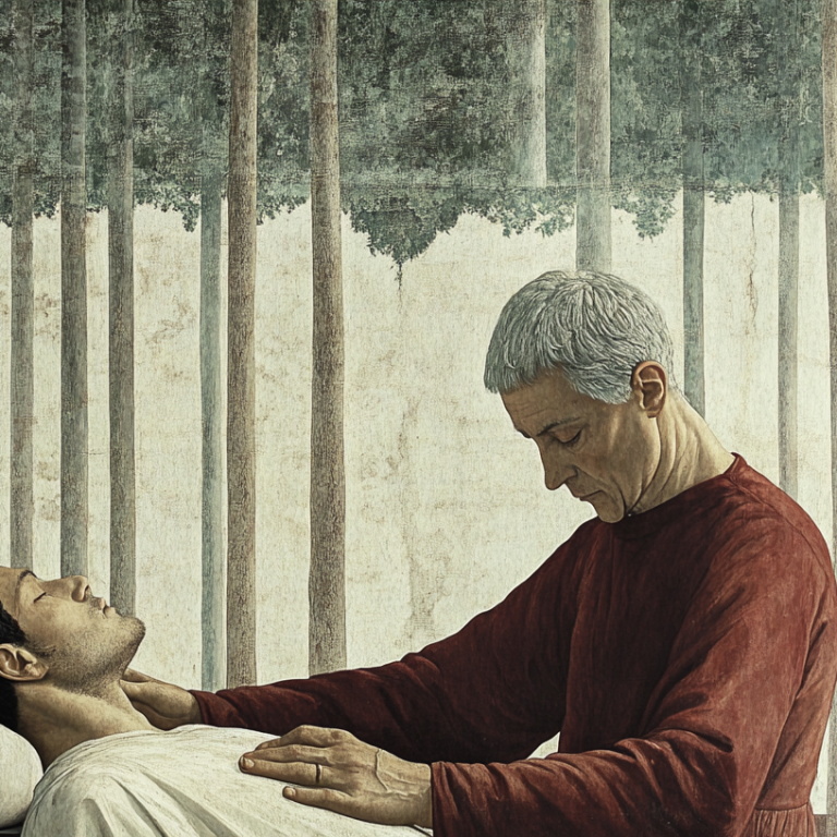 um terapeuta toca o peito do seu jovem paciente, compenetrado com presença