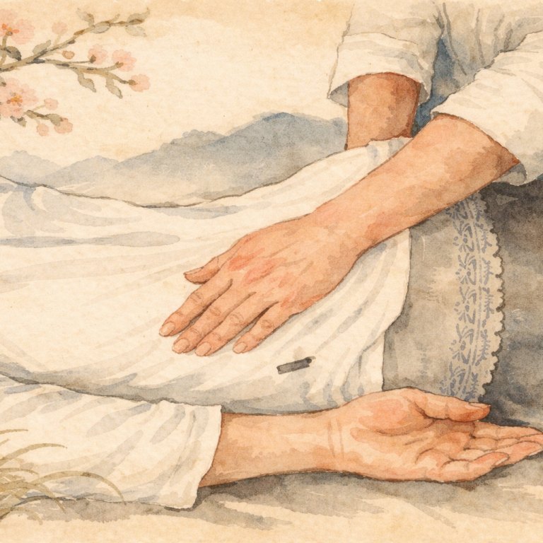 Ilustração criada por inteligência artificial inspirada em aguarela japonesa clássica representando toque terapêutico, com uma mão pousada suavemente nas costas de uma pessoa, num ambiente sereno com flores de cerejeira.